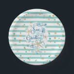 Tropical SEAson's Greetings Party Paper Plates<br><div class="desc">A fun, tropical twist on "Season's Greetings" with "Seas AND Greetings" featuring a tropical or beach look and feel to your Christmas holiday party and entertaining. The modern, elegant scroll script typography in a gorgeous turquoise ocean watercolor really pops against an aqua teal stripe and turquoise and brown dot background...</div>