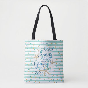 Tropical "SEAson's Greetings" Teal Stripes & Dots Tote Bag