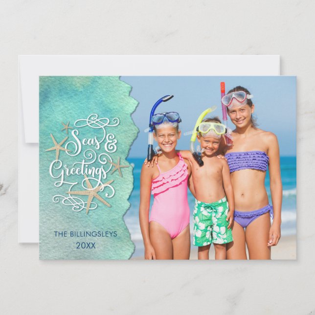 Tropical "SEAson's Greetings" Watercolor Ocean Holiday Card (Front)