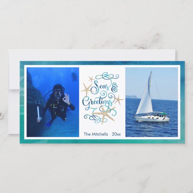 Tropical "SEAson's Greetings" Watercolor Ocean Holiday Card (Front)