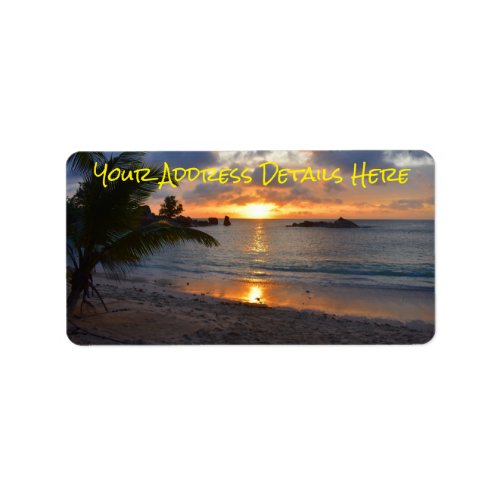 Tropical Seychelles Island Palm Tree Beach Sunset Label