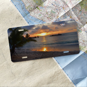 Tropical Seychelles Island Palm Tree Beach Sunset License Plate