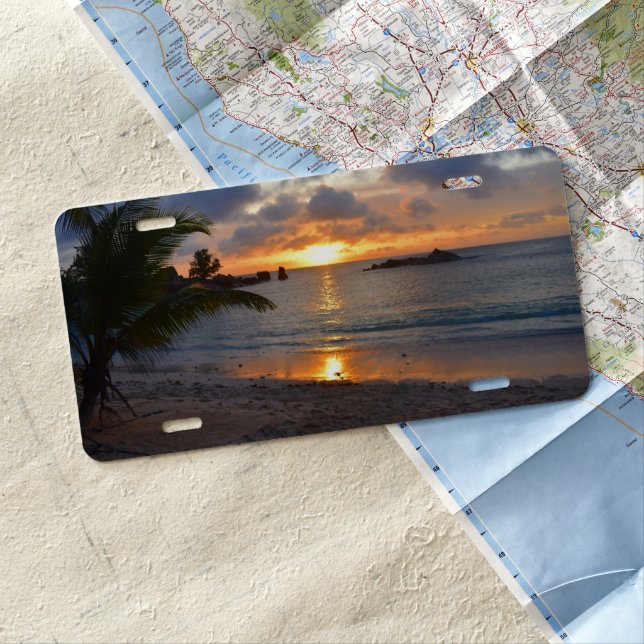 Tropical Seychelles Island Palm Tree Beach Sunset License Plate (In Situ)