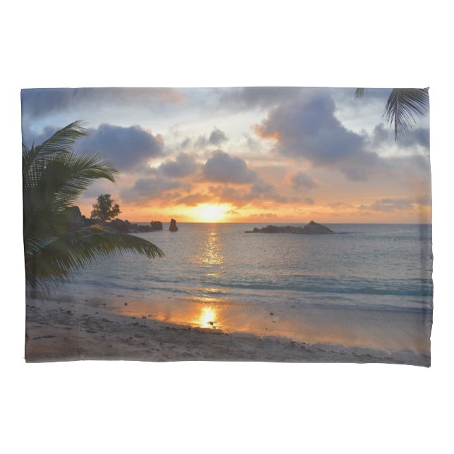 Tropical Seychelles Island Palm Tree Beach Sunset Pillow Case (Front)