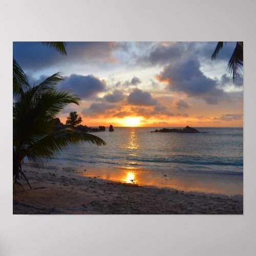 Tropical Seychelles Island Palm Tree Beach Sunset Poster
