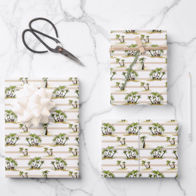 Tropical Shack And Palms Wrapping Paper Sheets (Front)