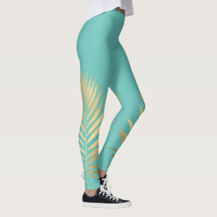 Tropical Shimmer Gold Palm Leaves Soft Aqua Blue Leggings