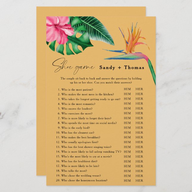 Tropical - Shoe game bridal shower game (Front/Back)
