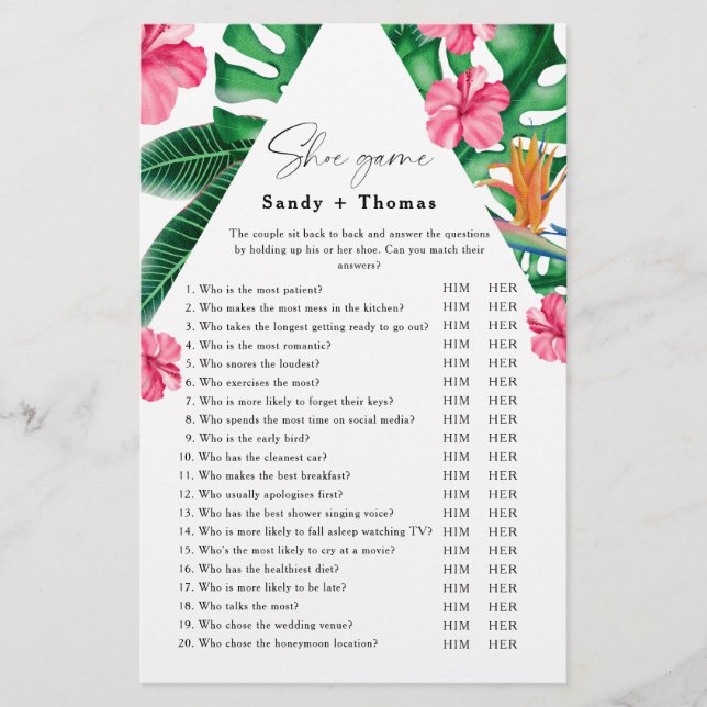 Tropical - Shoe game bridal shower game (Front)