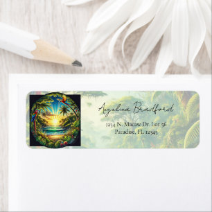 Tropical Shoreline Macaws Palm Trees Exotic Plants Label