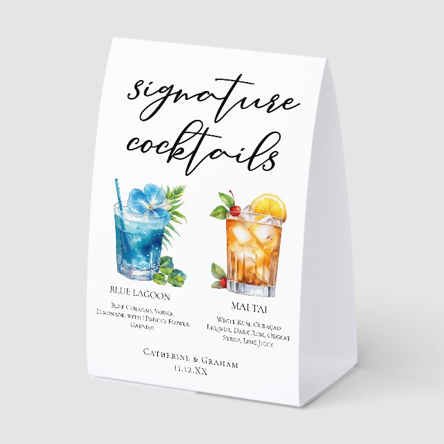 Tropical Signature Cocktails Wedding Menu Paper Table Tent (Front)