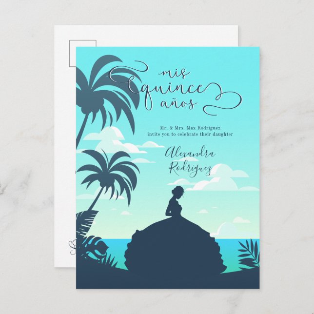Tropical Silhouette Quinceanera Invitation Postcard (Front/Back)
