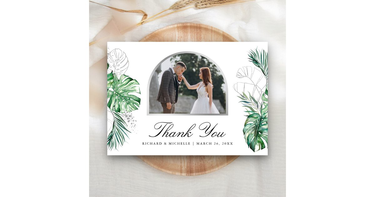 Tropical Silver Palm Arch Photo Wedding Thank You Card | Zazzle