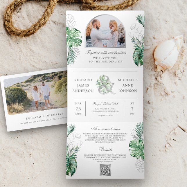 Tropical Silver Palm Photo QR Code Wedding Tri-Fold Invitation (Creator Uploaded)