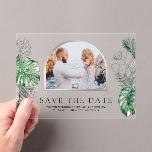 Tropical Silver Palm Photo Wedding Save the Date