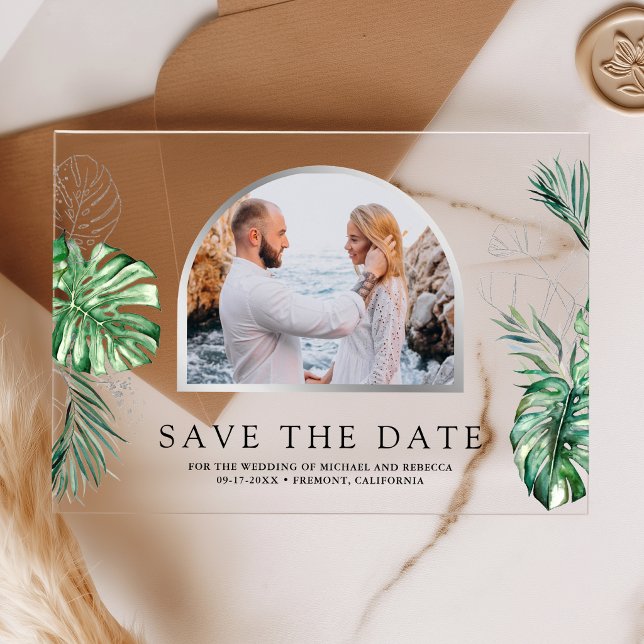 Tropical Silver Palm Photo Wedding Save the Date (Creator Uploaded)