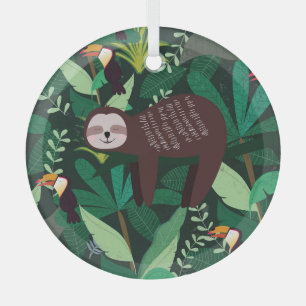 Tropical Sloth: Cartoon Seamless Pattern Glass Ornament