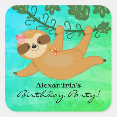 Tropical Sloth Girly Birthday Party Square Sticker