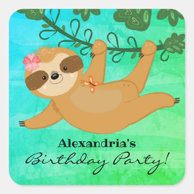 Tropical Sloth Girly Birthday Party Square Sticker (Front)