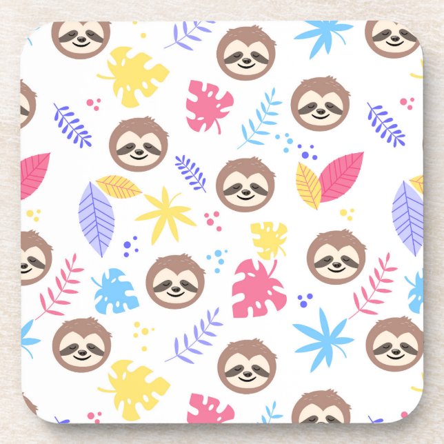 Tropical Sloth & Leaves Pattern Beverage Coaster (Front)