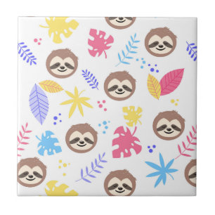 Tropical Sloth & Leaves Pattern Ceramic Tile