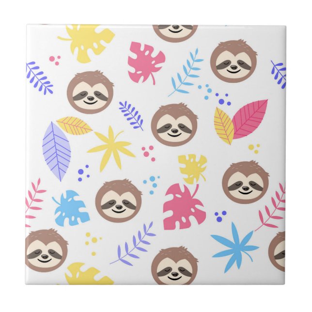 Tropical Sloth & Leaves Pattern Ceramic Tile (Front)