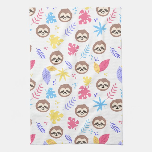 Tropical Sloth & Leaves Pattern Kitchen Towel (Vertical)