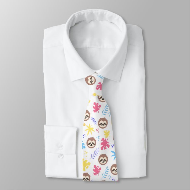 Tropical Sloth & Leaves Pattern Neck Tie (Tied)
