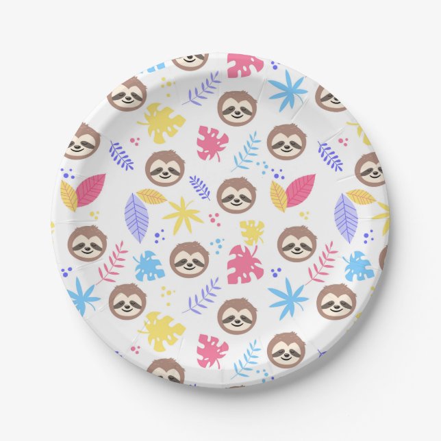 Tropical Sloth & Leaves Pattern Paper Plates (Front)