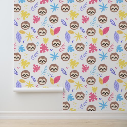 Tropical Sloth  Leaves Pattern Wallpaper