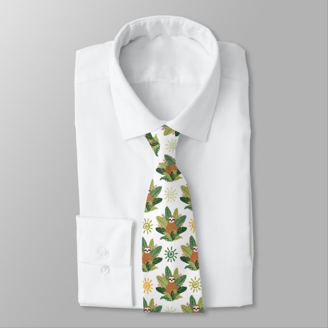 Tropical Sloth Pattern Neck Tie (Tied)