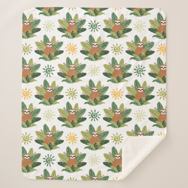 Tropical Sloth Pattern Sherpa Blanket (Front)