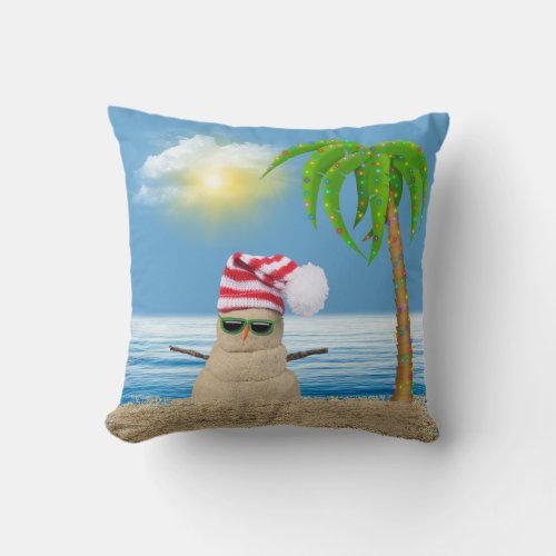 Tropical Snowman with Palm Tree  Throw Pillow