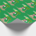 tropical snowman with palm tree wrapping paper<br><div class="desc">Sand snowman with red and white stocking cap and sunglasses.
Christmas lights on palm tree with bright sunshine through white fluffy clouds on green background.
Background color can be edited.</div>