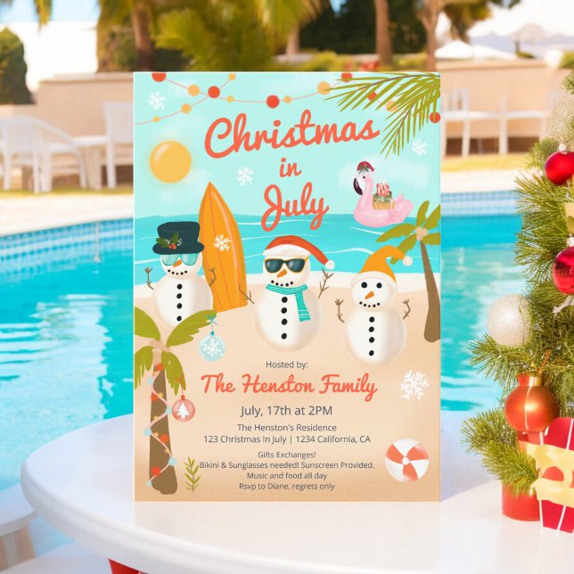 Tropical Snowmen floater Palm Christmas in July Invitation (Tropical Snowmen floater Palm Christmas in July Invitation)