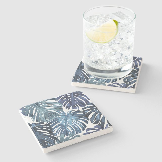 Tropical Soft Blue White Beachy Leaves Stone Coaster (Side)