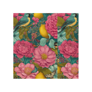 Tropical Songbird Pink Peony & Citrus Seamless Pat Wood Wall Art