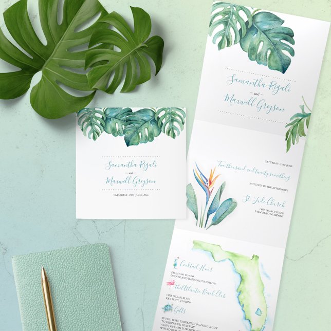 Tropical South Florida All-In-One Wedding Tri-Fold Invitation (All in one Florida destination wedding invitations tropical watercolor art by Victoria Grigaliunas)