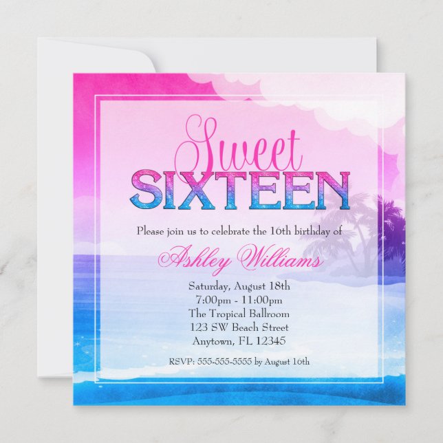 Tropical Sparkle Pink Blue Sweet 16 Invitation (Front)