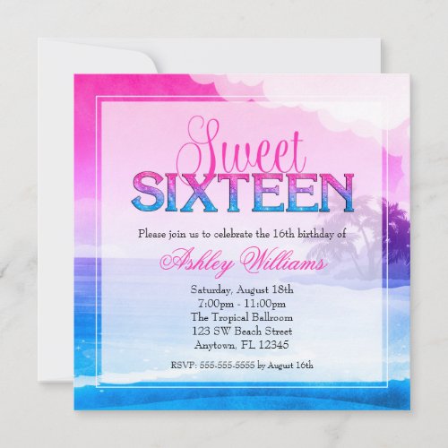 Tropical Sparkle Pink Blue Sweet 16 Invitation