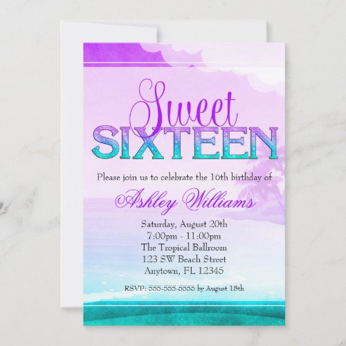 Tropical Sparkle Purple Aqua Sweet 16 Invitation