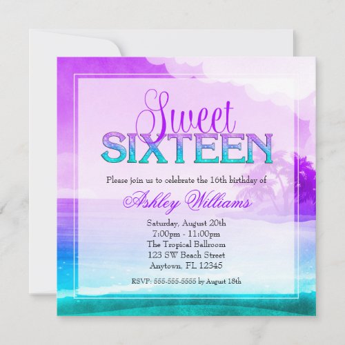 Tropical Sparkle Purple Aqua Sweet 16 Invitation