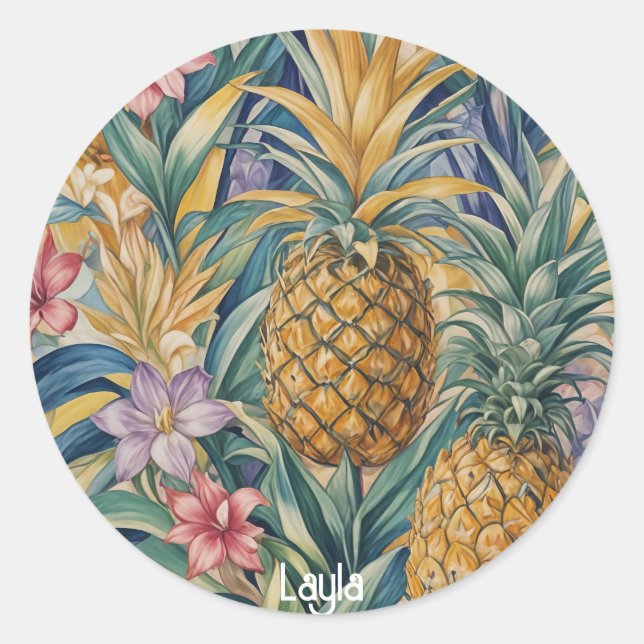 Tropical Splendor: Colorful Pineapple Classic Round Sticker (Front)