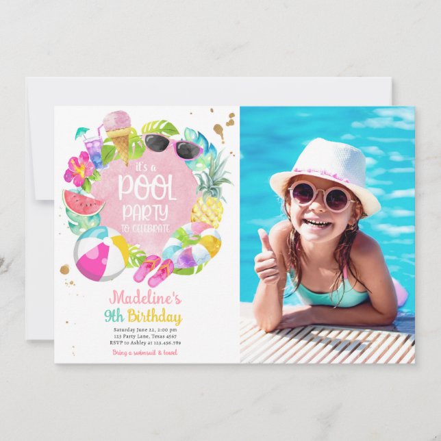  Tropical Splish Splash Pool Party Bash Birthday Invitation (Front)