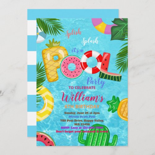 Tropical Splish Splash Pool Party Birthday Invitation