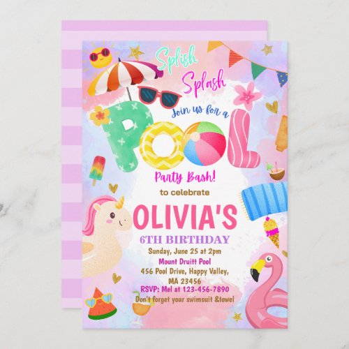  Tropical Splish Splash Pool Party Birthday Party Invitation