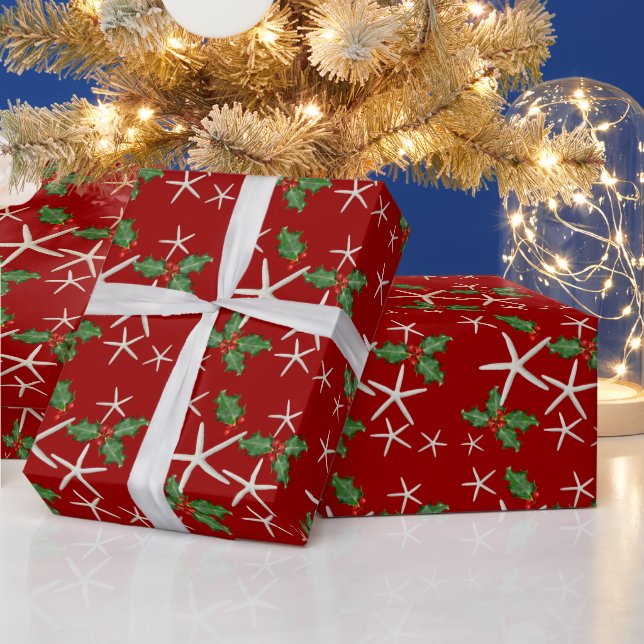 Tropical Starfish and Holly Red Christmas Paper (Holidays)