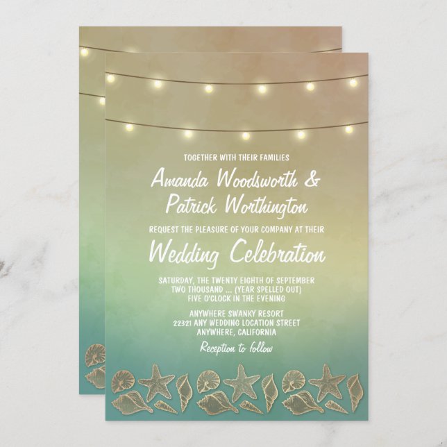 Tropical Starfish and Seashell Wedding Invitations (Front/Back)