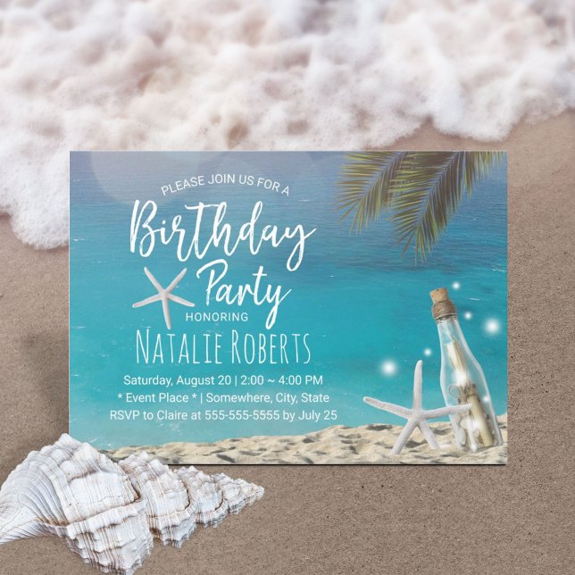 Tropical Starfish Beach Bottle Summer Birthday Invitation