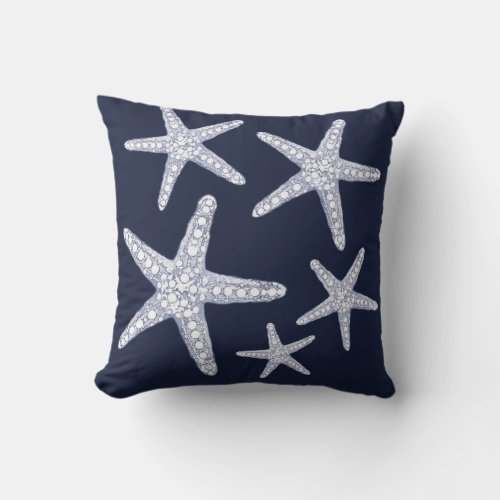 Tropical Starfish Navy Blue White Throw Pillow